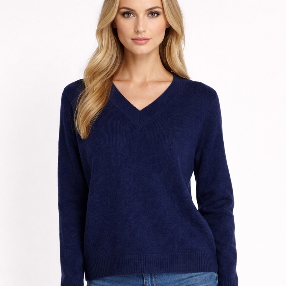 WLNS Wellness cashmere womens size XS cashmere sweater navy blue v-neck SOFT